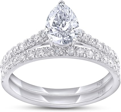 Bridal Ring Set For Women, 1.00 Carat Pear & Round Shape Lab Grown Diamond Teardrop Promise Wedding Ring Set In 10K Solid Gold or Sterling Silver Jewelry (1.00 Cttw)
