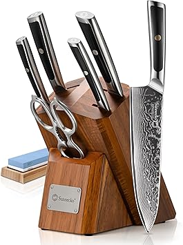Sunnecko Damascus Knife Set with Block,67-Layer Damascus Steel Kitchen Knife Set with VG-10 Core,Full Tang 7 PCS Japanese Chef Knives with 15° Precision Edge,Professional Chef Knife Set for Kitchen