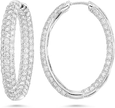 Diamond Delight 5 Carat Real Natural Diamond Classic Hoop Earrings for Women - 14k White Gold Earrings for Her with Elegant Triple Row Pave Design (F, VS1, 5.00 cttw) Secure Hinged Hoops