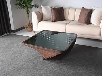 Papella Duru Model Sculptural Square Coffee Table – A Modern Art Piece with Architectural Precision, Layered Walnut Symmetry, and a Reflective Black Glass Crown for Timeless Prestige