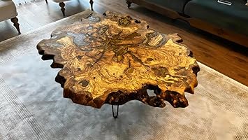 RESINHOMEFURNITURE Parota Natural Live Edge Round Coffee Table Dining Table Hallway Table Office Table Counter Table Center Table Side/End Table Bedside Table (Without Stand, 46 x 46 Inches)
