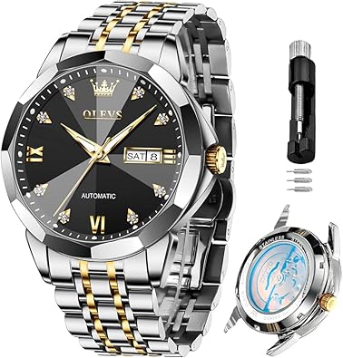 OLEVS Skeleton Men Watches Automatic Business Luxury Diamond Self Winding Watch for Men Stainless Steel Calendar Wrist Watch