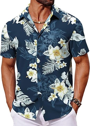 COOFANDY Mens Hawaiian Shirt Short Sleeve Button Down Shirts Tropical Floral Summer Beach Shirts