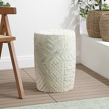 JONATHAN Y Rafi 17.75" Distressed Concrete Geometric Garden Stool, 13" Round Indoor/Outdoor Patio Accent Side Table and Plant Stand, Southwestern, Cream TBL1030A