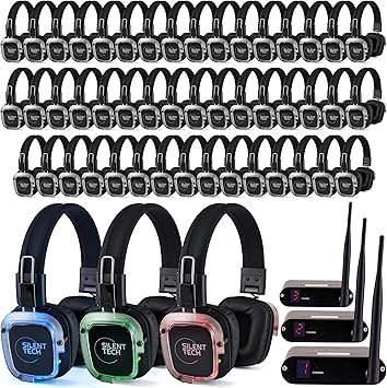 Silent Disco in a Box – 50 LED Wireless Headphones, 3 Channel Transmitters, Plug & Play Silent Disco Headphone System for Parties, Events & DJs, 10hr Battery, 500-Yard Range, Easy Setup
