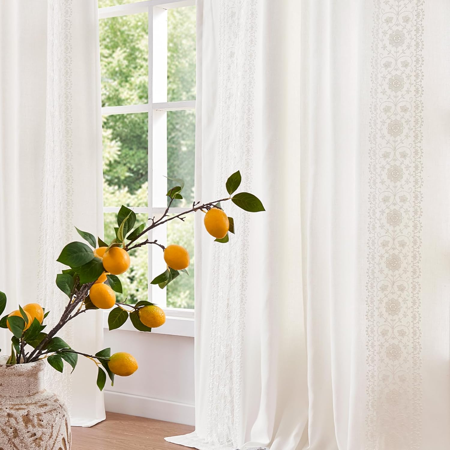 jinchan Weslie White Linen Curtains for Bedroom Vintage Floral Farmhouse Curtains 96 Inches Long Linen Drapes for Living Room Embroidered Light Filtering Drapes Rustic Cottagecore Off White 2 Panels