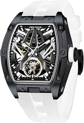 Unique Men Watches,Automatic Mechanical Watch,Luxury Hollow Tonneau Watches for Men with Stainless Steel Case and Silicon Band (Self-Wind Movement/Waterproof/Super_Luminous)