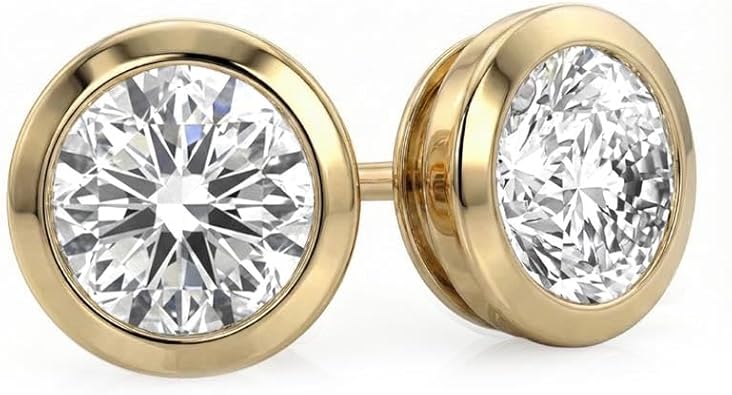 Bezel Set Diamond Stud Earrings for Women | 1/6-5 Carat Lab Grown Studs | 14K White and Yellow Gold | Certified by Gemologists | GH Color and VS-SI Clarity | Secure & Comfortable Pushback Posts