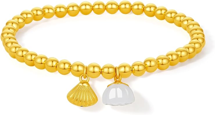 ZHOU LIU FU 24K Solid Gold Beaded Bracelets White Jade Lucky Lotus Seedpod Stretch Bracelet Pure Gold Shell Charm Bracelet Fashion Jewelry for Women Wife Mom 6.3" Y1913654