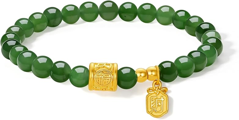 ZHOU LIU FU 24K Gold Green Jade Beaded Bracelets Blessing Charm Bracelet Real Gold Lucky Plate Healing Hetian Nephrite Stretch Bracelet for Women Mom Mother Birthday 6.7"/17cm Y1913659