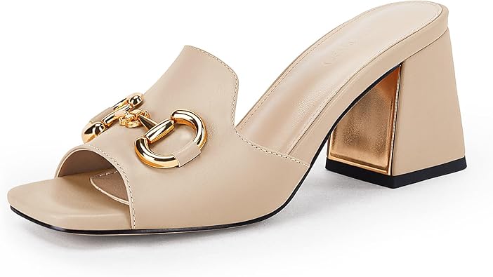gihubafuil Women's Sandals Peep Toe Slides Chunky Heel Mules Single Band Comfort Slip-on Shoes with Metal Chain for Spring Summer