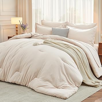 MUXHOMO 7 Pieces Queen Comforter Set, Soft Bed in a Bag Queen Size, All Season Bedding Set with Comforter, Flat Sheet, Fitted Sheet, Pillowcases & Shams, Beige