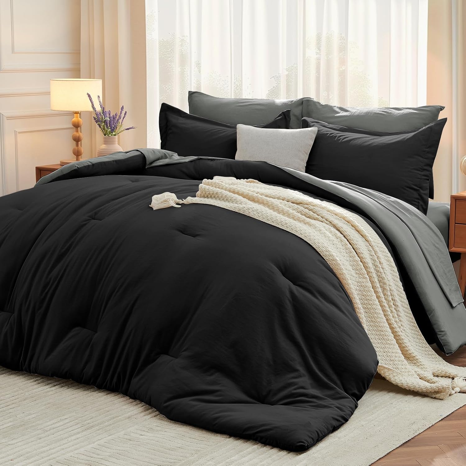 MUXHOMO 7 Pieces Queen Comforter Set, Soft Bed in a Bag Queen Size, All Season Bedding Set with Comforter, Flat Sheet, Fitted Sheet, Pillowcases & Shams, Ivory