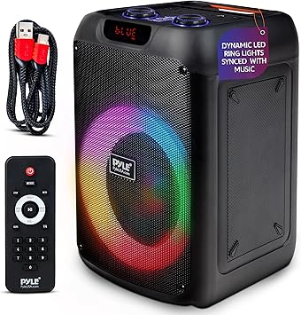 Pyle Party Speaker - 100W Bluetooth PA Karaoke Speaker with 8" Woofer, Features Echo, Bass & Treble Control, USB/SD/BT/FM Radio, MIC in, LED Lights, for Events, Home & DJ Use