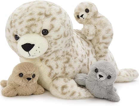 BENINY 4 Pcs Seal Stuffed Animal Set, 20" Mother Plush Toy with 3 Babies in Mom's Belly, Cute Leopard Stuffed Seal Plushie for Girls Boys Kids, Kawaii Chirstmas Bithday