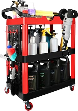 Auto Detailing Cart with Wheels, 3 Tier Car Detailing Cart with Hanging Boards & Hooks, Car Wash Organizer for Garage Workshop DIY Home