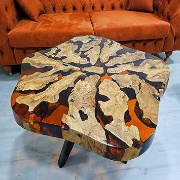 RESINHOMEFURNITURE Orange Epoxy Resin Coffee Table Unique Wood Flower Design Side Table, Living Room Table, Bedroom Table, Handmade Natural Wood Decor (18 Inches Tall, 30 x 30 Inches)