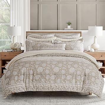 Levtex Home Adare Taupe Reversible King Duvet Cover Set (106x94in) with 2 Pillowcases (36x20in) - Floral Bedding - Taupe and White - Cotton King Size Duvet Cover Set - Soft, Pre-Washed