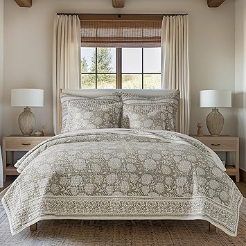 Levtex Home Adare Taupe Reversible King/Cal King Quilt Set (106x92in) and 2 Pillow Shams (36x20in) - Floral Bedding - Taupe White - Cotton King Size Quilt Bedding Set - Lightweight, Soft, Pre-Washed