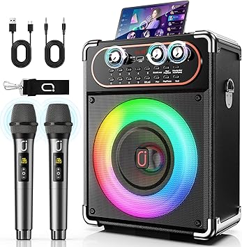 HWWR Karaoke Machine with 2 Wireless 2.4G 0-Delay Microphones for Adults,Portable Bluetooth 5.3 Speaker with Echo Adjustment and Deep Bass,Supports TWS/TV/Guitar for Family Party,Backyard BBQ(2 Mics)