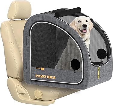 PAWZIDEA Portable Dog Crate for Car Travel, Collapsible Pet Travel Crates for Medium & Large Dogs, Enclosed Soft-Sided Car Kennel Carrier for Backseat, Secures w/Seatbelt & Headrest Strap, Chew-Proof