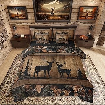 Erosebridal Rustic Cabin Bedding Sets 7 Piece Camo Hunting Deer Comforter Set King Farmhouse Woodland Animal Bed in A Bag for Kids Boys Teen Men,Tree Camouflage Wildlife Sheet Set with Comforter