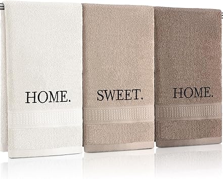 FuWeave 3 Pcs Farmhouse Decorative Hand Towels for Bathroom and Kitchen Rustic Embroidered Cotton Hand Towels Decorative Set for Boho Bathroom Decor(Brown,Home,Sweet,Home)