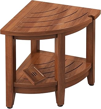 18" Teak Corner Shower Stool, Inside Shower Stool with Storage Shelf, Waterproof Teak Stool for Shaving Legs and to Sit On, 2-Tier Shower Stool,Adjustable Feet, Non-Slip, Brown