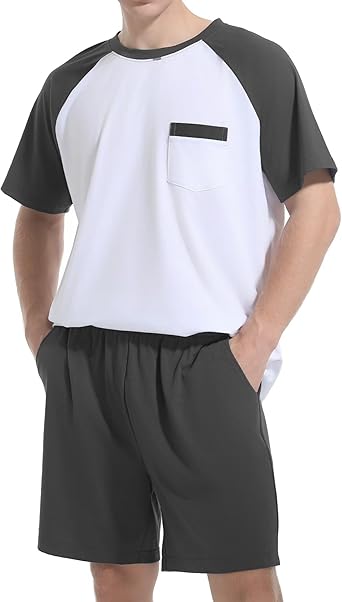 Mens Pajamas Set Summer Pjs Sleepwear Lightweight Loungewear Soft Short Sleeve Sleep Set With Pocket