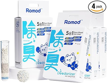 4Bags 5-in-1 Tofu Cat Litter, Mixed Cassava, Bentonite, Baking Soda, SAP, Fast Clumping, Strong Water Adsorption & Deodorization, No Tracking, Dust-Free, Flushable Kitty Litter(7.9lbs x 4)