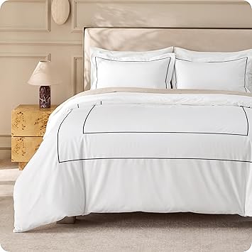 Bedsure 100% Cotton Percale Duvet Cover King, Luxury Hotel Duvet Cover, White Comforter Cover with Frame Embroidery, PureWoven Breathable & Lightweight Bedding Set for All Season, 3 Pieces, 104"x90"