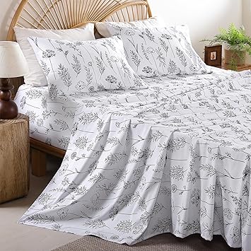 Whitney Home Textile Black Herbs Ferns Printed Full Sheet Set - Soft Boho Botanical Rustic Pattern Bed Sheets, Microfiber Bedding & Pillowcases, Oeko-Tex, Wrinkle Free, 4 Piece (Full Size)
