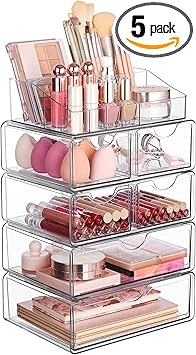 Vtopmart 5 Tier Clear Makeup Organizer with Drawer, Cosmetic Storage for Dresser Countertop and Bathroom Vanity, Beauty Holder for Lipstick Brush Skincare