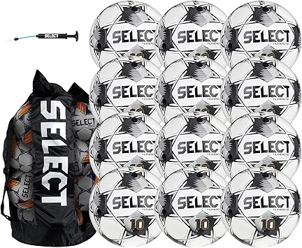 Select Numero 10 Soccer Ball, 12-Ball Pack with Duffle Ball Bag and Hand Pump, White/Black NFHS V25, Size 5