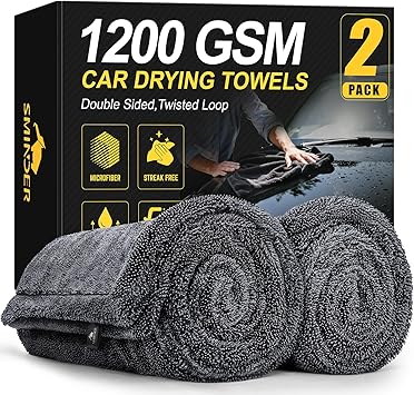 SMINDER 2-Pack 1200 GSM Car Drying Towels – Microfiber Towels for Cars (36" x 24"), Ultra-Absorbent, Streak-Free, Scratch-Free, No Water Spots, Double-Twist Pile & Edgeless Design