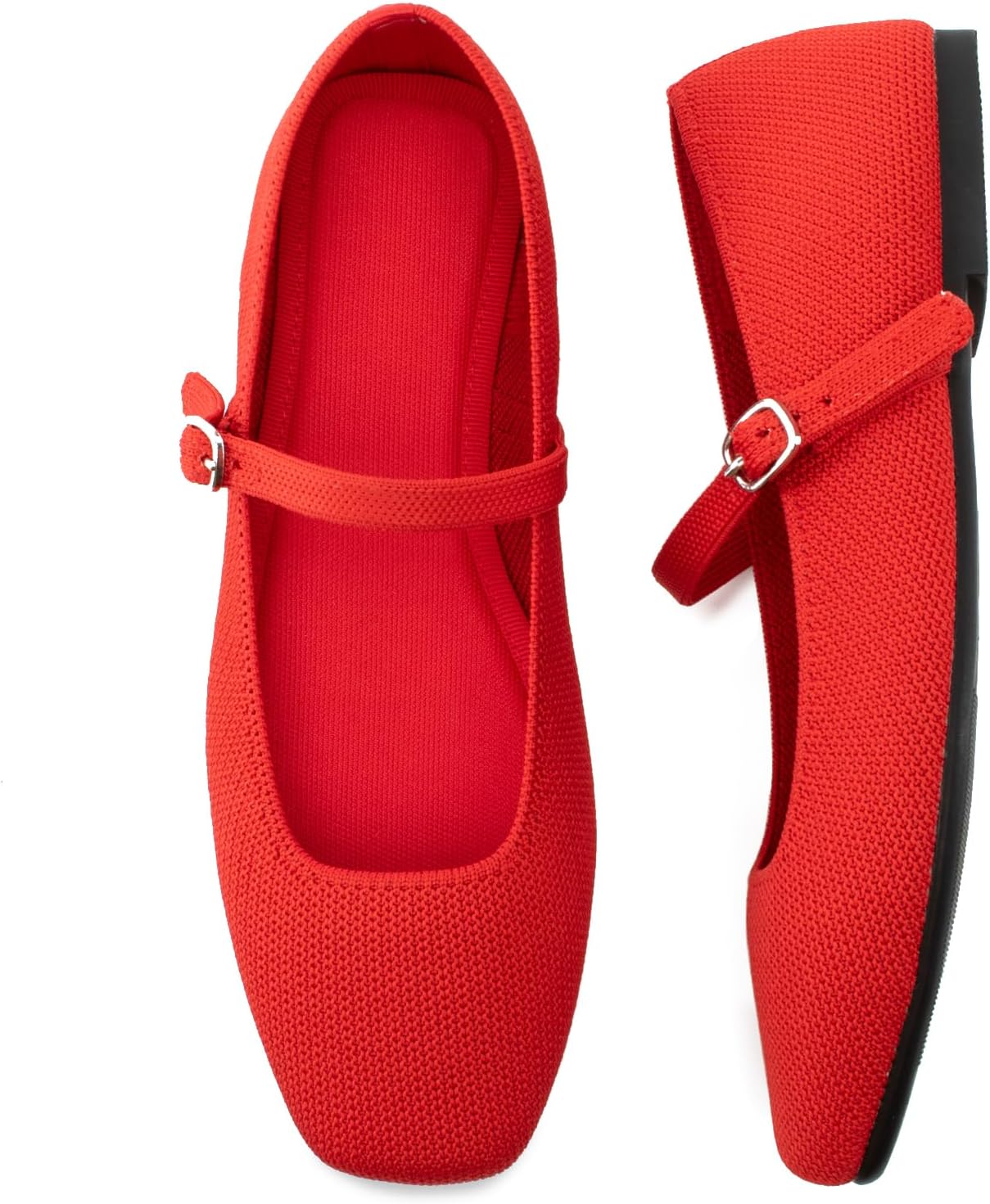Soesyi Knit Flats for Women Square Toe Flats Casual Ballet Flats with Ankle Strap,Mary Jane Shoes Women Comfortable for Dressy Office