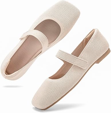 Soesyi Wide Toe Box Flats Women Comfort Slip On Ballet Shoes Mary Jane Dressy Knit Flats with Adjustable Straps Washable Casual Office