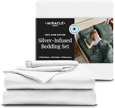 Miracle Made Breathable Cotton Bed Sheets, 4-Piece Set – Silver-Treated, Soft and Cool-to-the-Touch Lightweight Bedding Designed for Hot Sleepers – Cali King Size, White