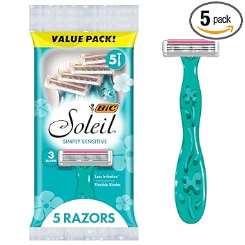 BIC Soleil 3 Simply Women's Disposable 3-Blade Razors, Moisture Strip and Floral Handles for Smooth Summer Shaves, 5-Pack