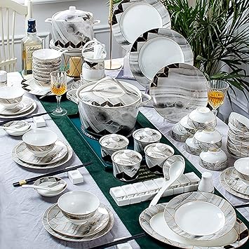 Bone China Dinnerware Sets 100 Pcs European Style Gold Rim Marble Texture Tableware Ceramics Dinner Dish/Plate/Bowl Gift Service for 12 People Microwave Dishwasher Safe