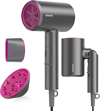 BABONIR Hair Dryer with Diffuser for Women, 1875W Fast Drying Ionic Blow Dryer for Home Use, Lightweight Foldable Hairdryer with Concentrator Nozzle, 3 Heat 2 Speed Settings, Gray