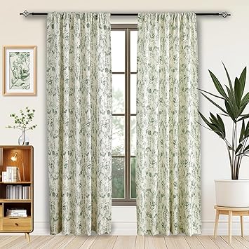 Autum Dream Blackout Curtains 2 Panels Chenille Curtains Drapes for Bedroom Back Tab Rod Pocket Poppy Floral Farmhouse Curtains for Living Room, Patio Doors,Green Floral, 52" W x 84" L