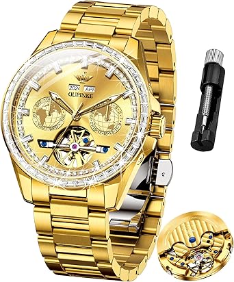 OUPINKE Mens Automatic Watches Diamond Skeleton Self Winding Luxury Dress Wrist Watch Sapphire Crystal Tungsten Steel