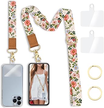 Yonlevres Flower Phone Lanyard Crossbody Strap, Floral Cell Phone Lanyards for around the Neck Wristlet Wrist Strap Adjustable for Keys Case Accessories Travel Essentials