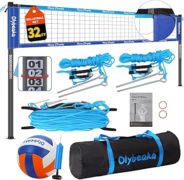 32ft / 20ft Portable Outdoor Volleyball Net Set for Grass Backyard Beach with 1.25" Height Adjustable Steel Poles, 28-ply Durable PE Net, PU Volleyball & Pump, Carry Bag