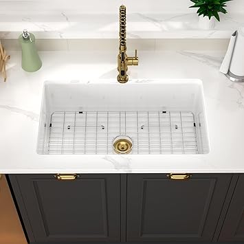 White Kitchen Sink 32 Inch Fireclay Porcelain White Undermount Kitchen Sink 32"x19"x10" Glossy White Single Bowl Sinks Basin