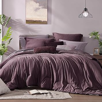 Monbix Queen Comforter Set - 7 Pieces Cationic Dyeing Italian Plum Bed in a Bag Queen Bedding Sets with Comforter, Sheets, Pillowcases & Shams, Reversible Bedding Comforters Sets