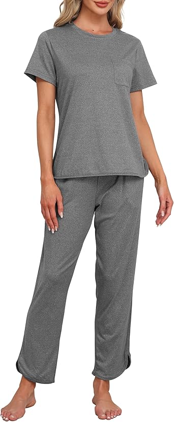 MoFiz Women's Pajamas Sets Short Sleeve with Long Pajama Pants Soft Comfy Sleepwear Nightwear 2 Piece Pjs with Pockets
