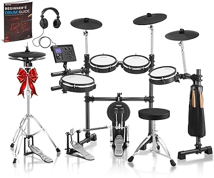 AKLOT Expanded-Size Electric Drum Set: Independent Double Pedal Bass Drum and 10’’ Dual-Zone Snare, Two-Piece Standalone Hi-Hat, 12’’ Triple-Zone Ride Cymbal, 460 Sounds, USB MIDI (B-CORE541D)