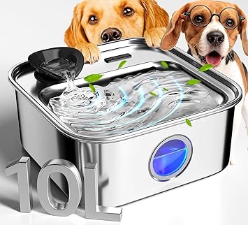 oneisall Dog Water Fountain for Large Dogs, 10L/2.6Gal Stainless Steel Automatic Dog Water Bowl Dispenser with Deeper, Wider Drinking Area, Water Window & Triple Filtration for Large Dogs & Multi-Pet